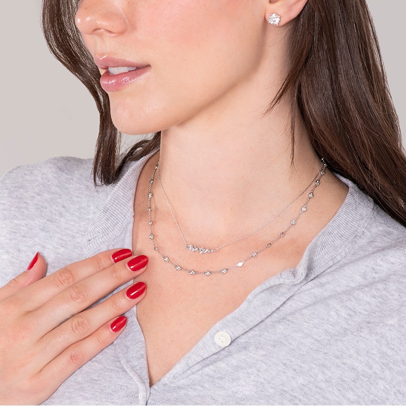 14K White Gold Round and Baguette Diamond Sprinkle Necklace