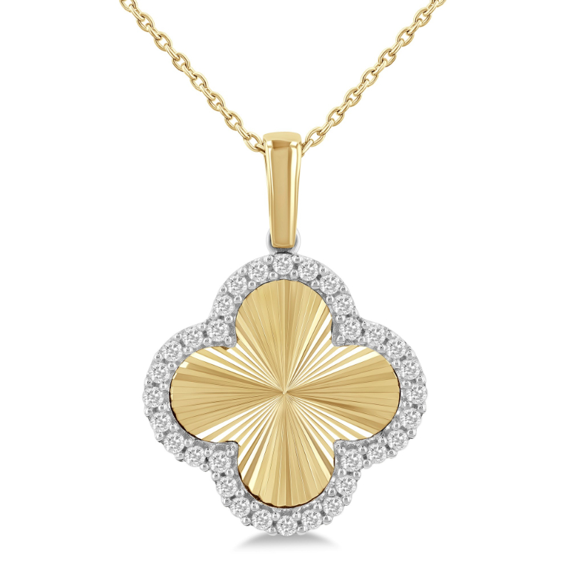 10K Yellow and White Gold Sunray Clover Necklace with Diamonds